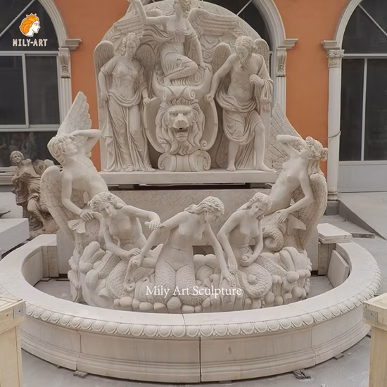Estátua de anjo de canto branco francês ocidental pedra natural parede de mármore fonte interna